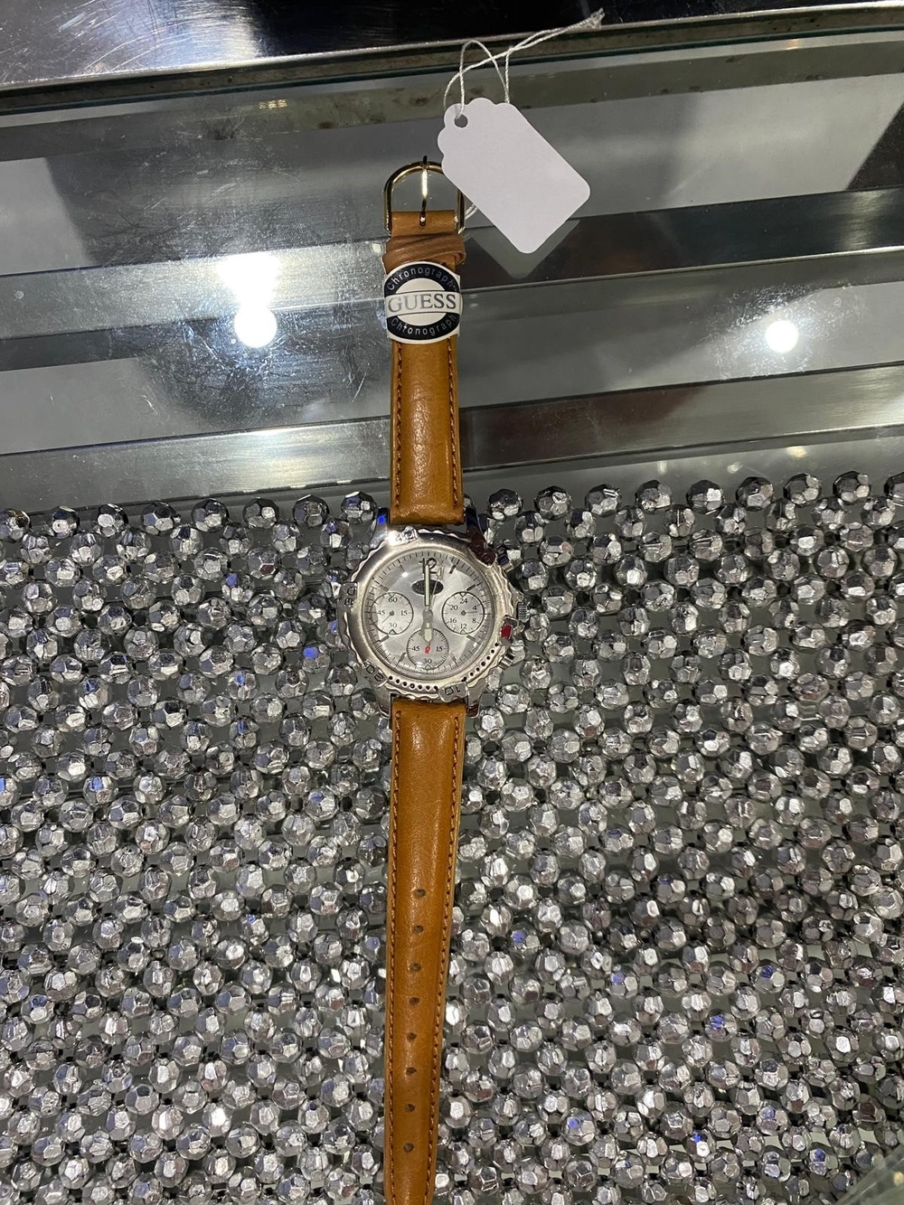GUESS Men's Tan Leather Strap Silver Dial Chronograph Watch